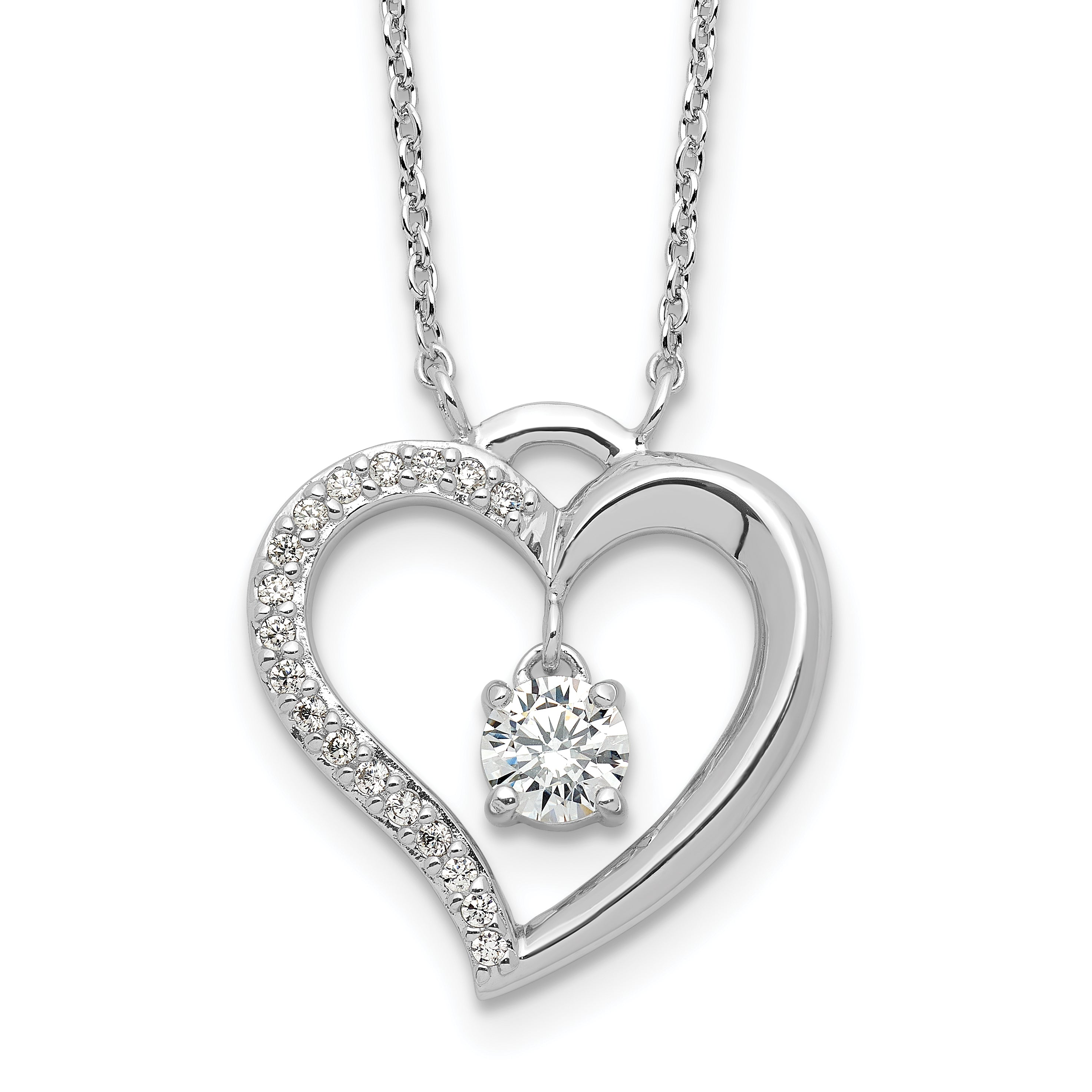 Sterling Silver Rhodium-Platedod-plated Polished CZ Open Heart w/1.25in Ext Necklace