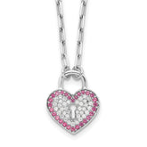 Sterling Silver Rhod-pltd CZ/Crystal Heart Lock 16in w/2 in ext Necklace