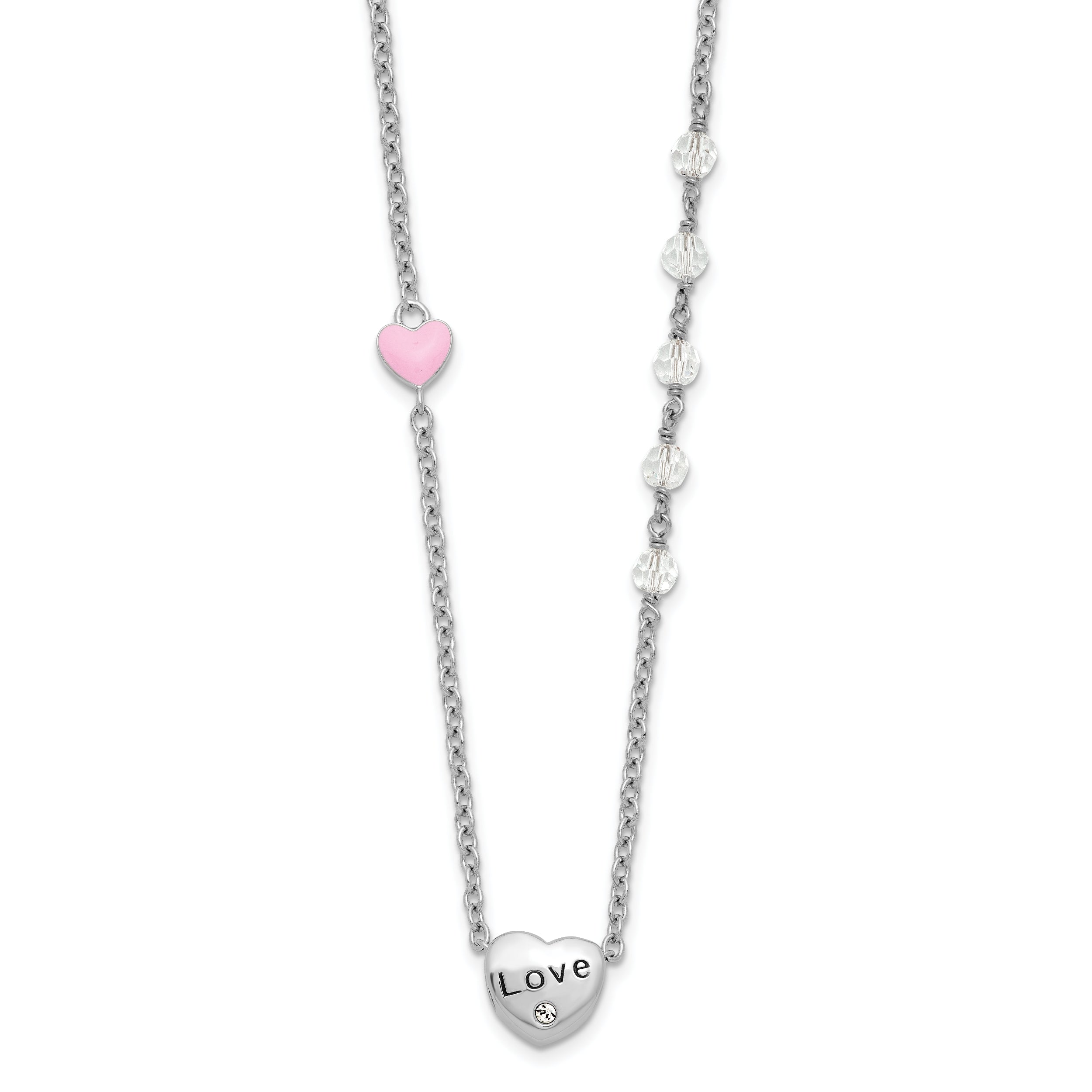 Sterling SilverRhodium-Rhodium-Plated Crystal and Enamel LOVE w/1in ext Child Necklace