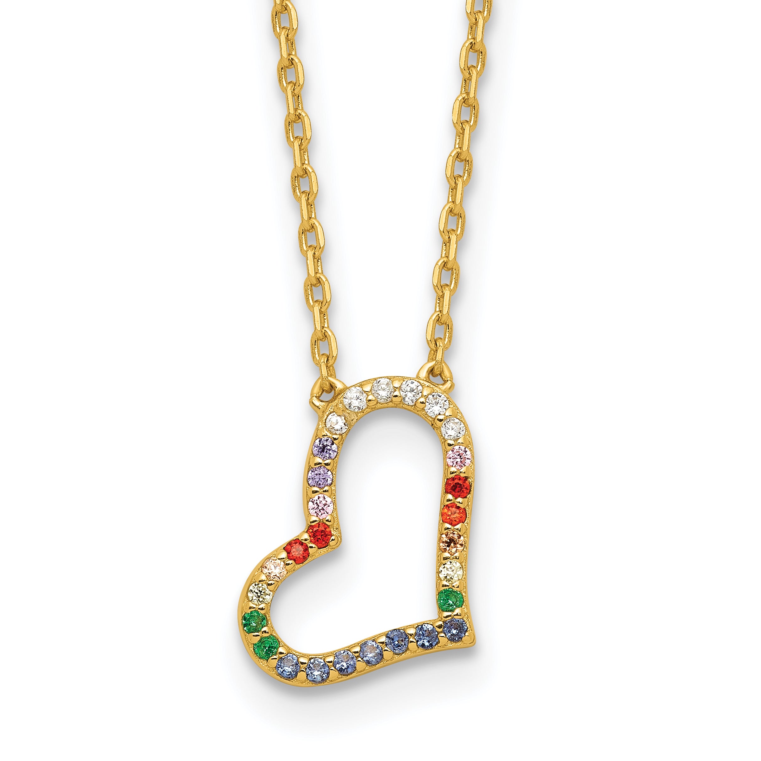 Sterling Silver Gold-tone CZ Glass Heart With 2 Inch Extention Necklace