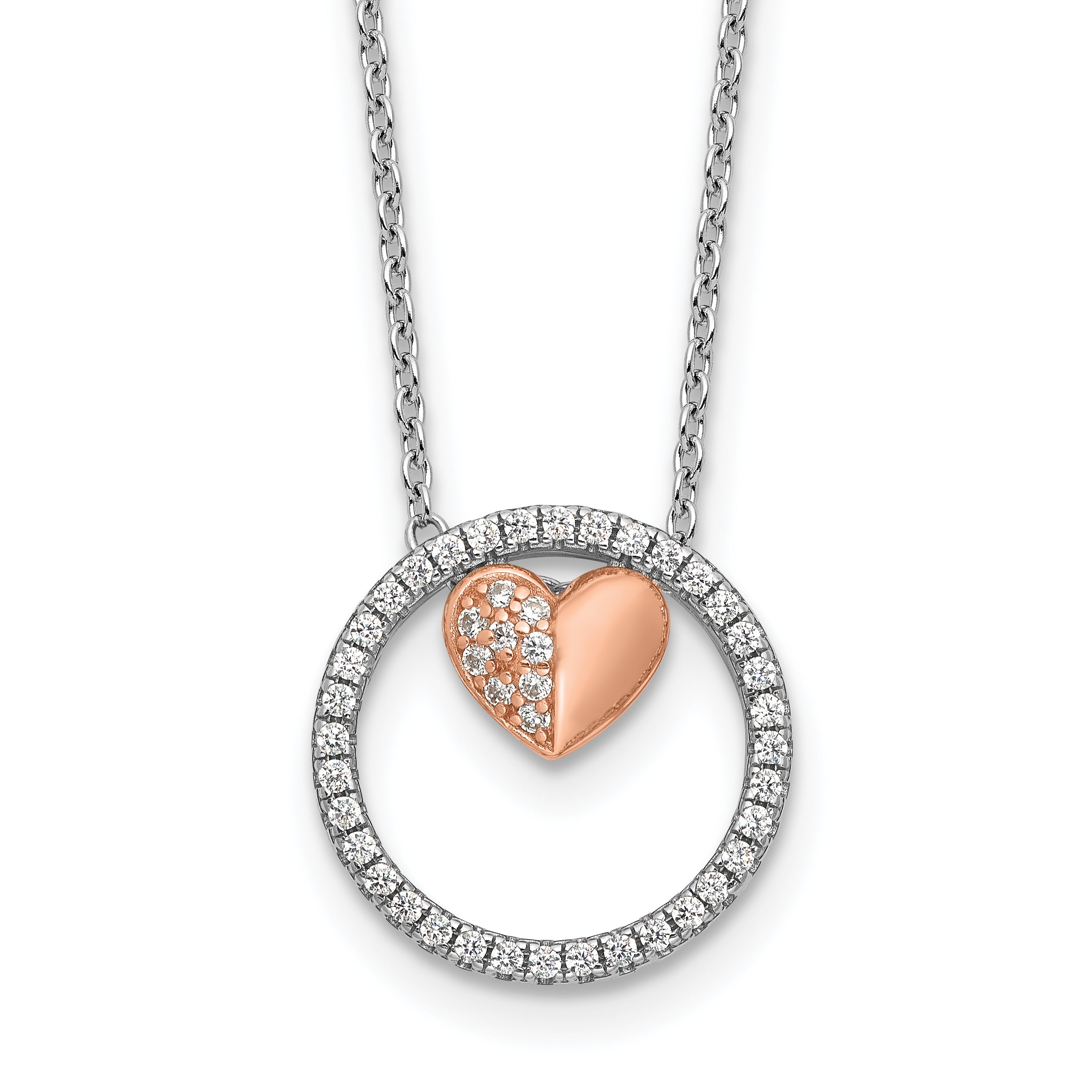 Sterling SilverRhodium-Rhodium-Plated Rose-tone CZ Heart w/1in ext Necklace