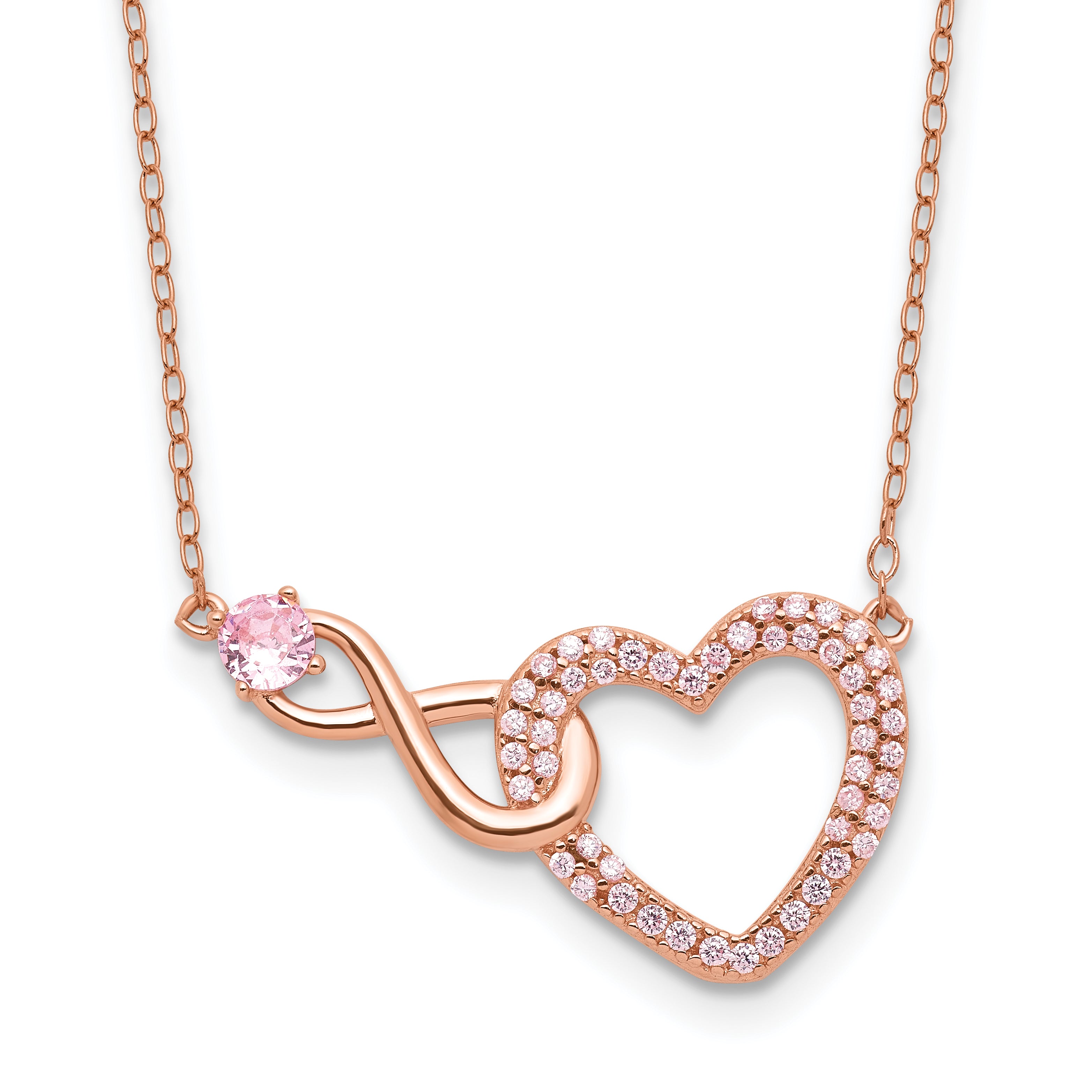 Sterling Silver Rose-tone Pink CZ Heart Infinity With 2 Inch Extention Necklace