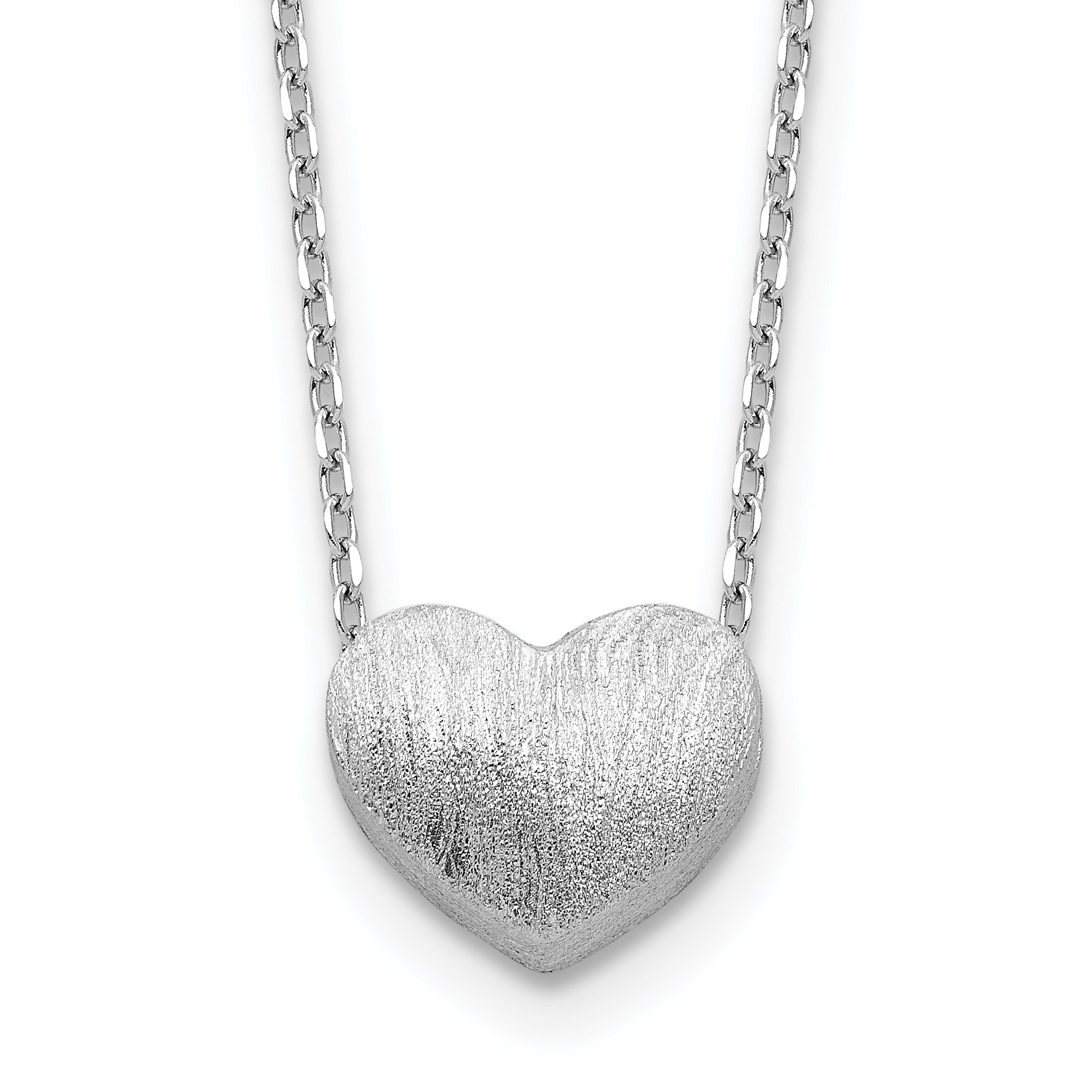 Sterling Silver Rhodium-Platedo-plated  Brushed Heart 16.5in w/1in ext Necklace