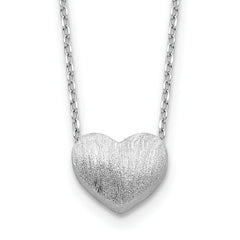 Sterling Silver Rhodium-Platedo-plated  Brushed Heart 16.5in w/1in ext Necklace