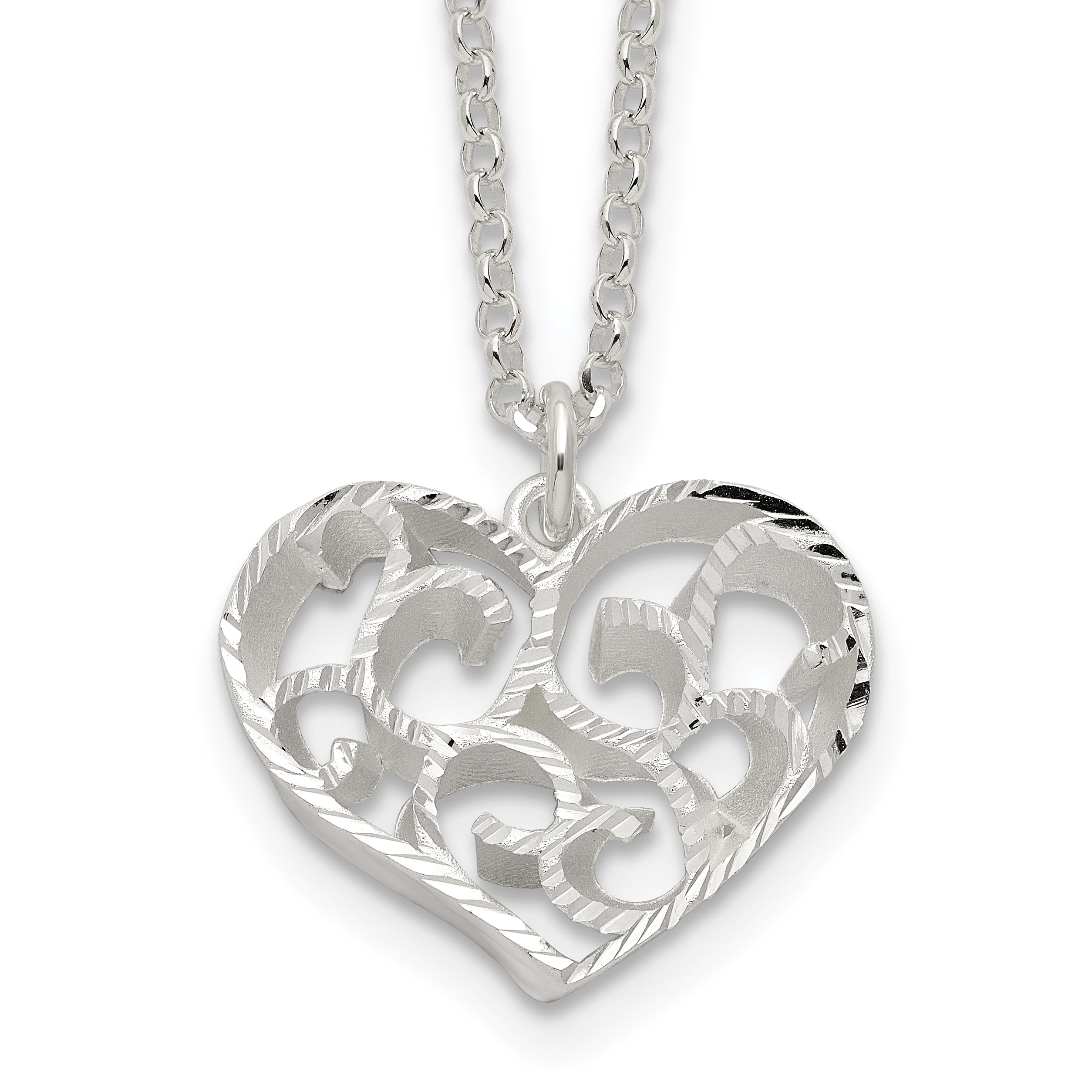 Sterling Silver Rhodium-Plated-pltd Brushed D/C Filigree Heart w/2 in ext Necklace