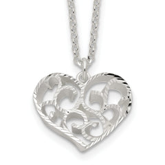 Sterling Silver Rhodium-Plated-pltd Brushed D/C Filigree Heart w/2 in ext Necklace