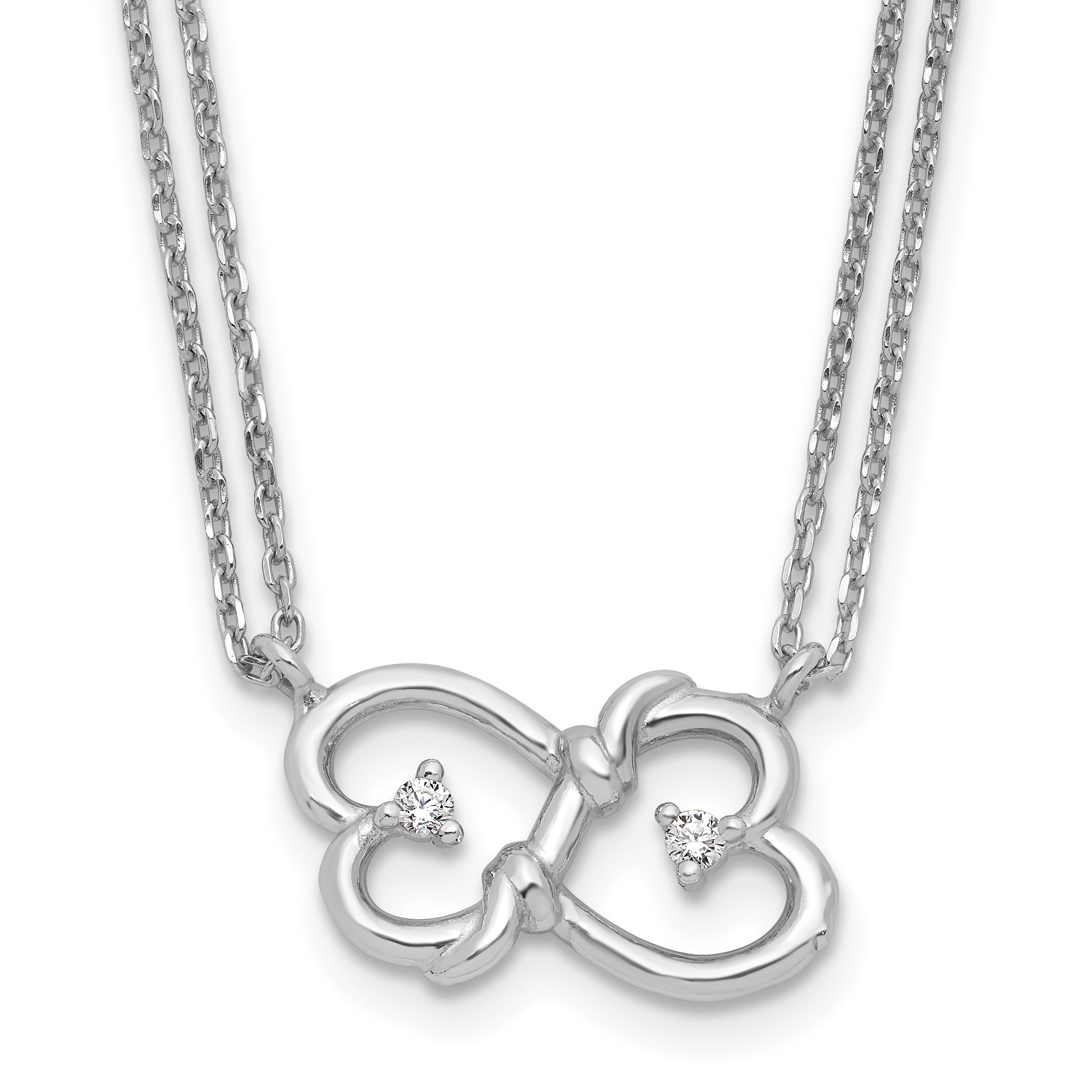 Sterling Silver Rhodium-Rhodium-Plated CZ Heart 2-Strand w/1.5in ext Necklace