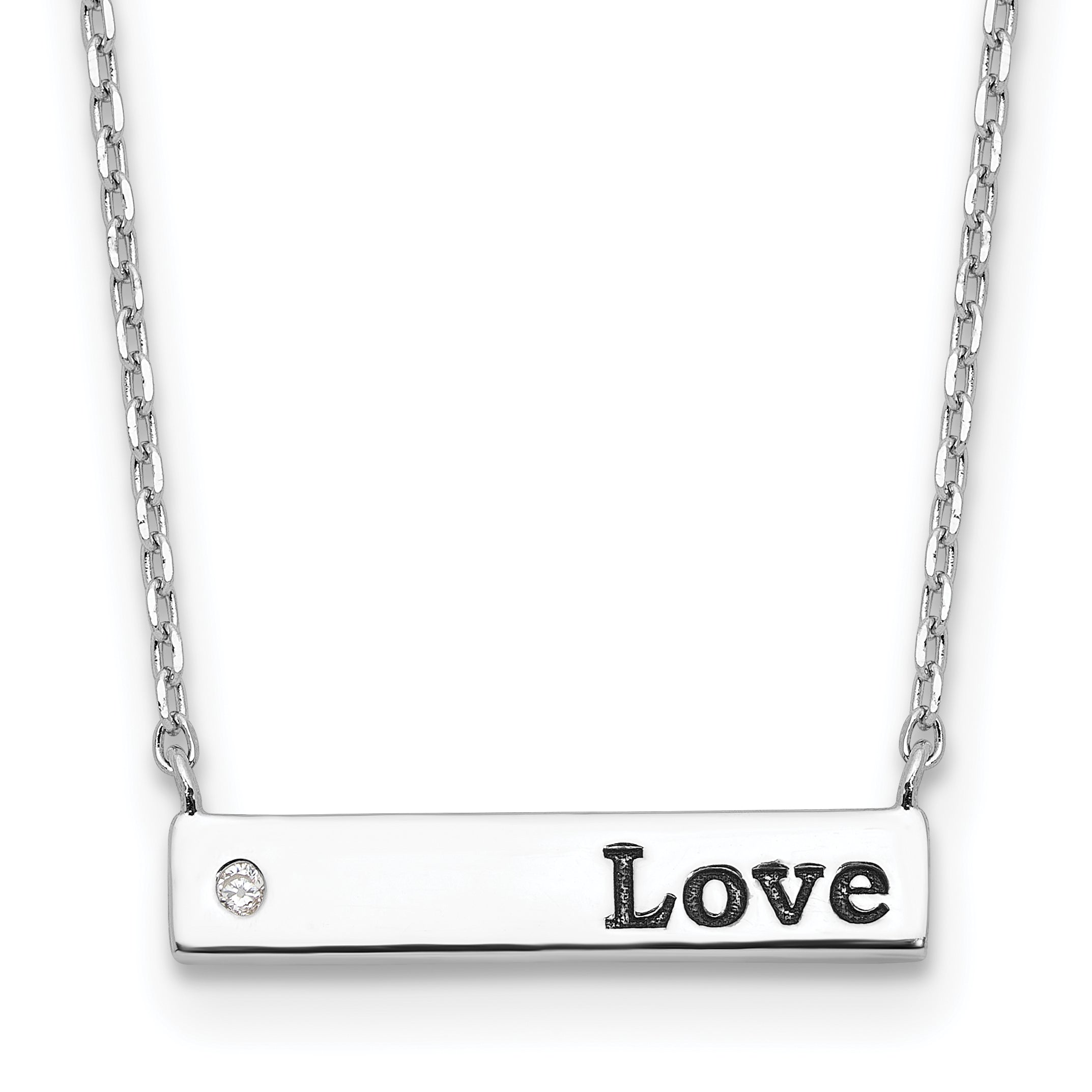 Sterling Silver Rhodium-Rhodium-Plated CZ LOVE Enamel Bar With 2 Inch Extention Necklace