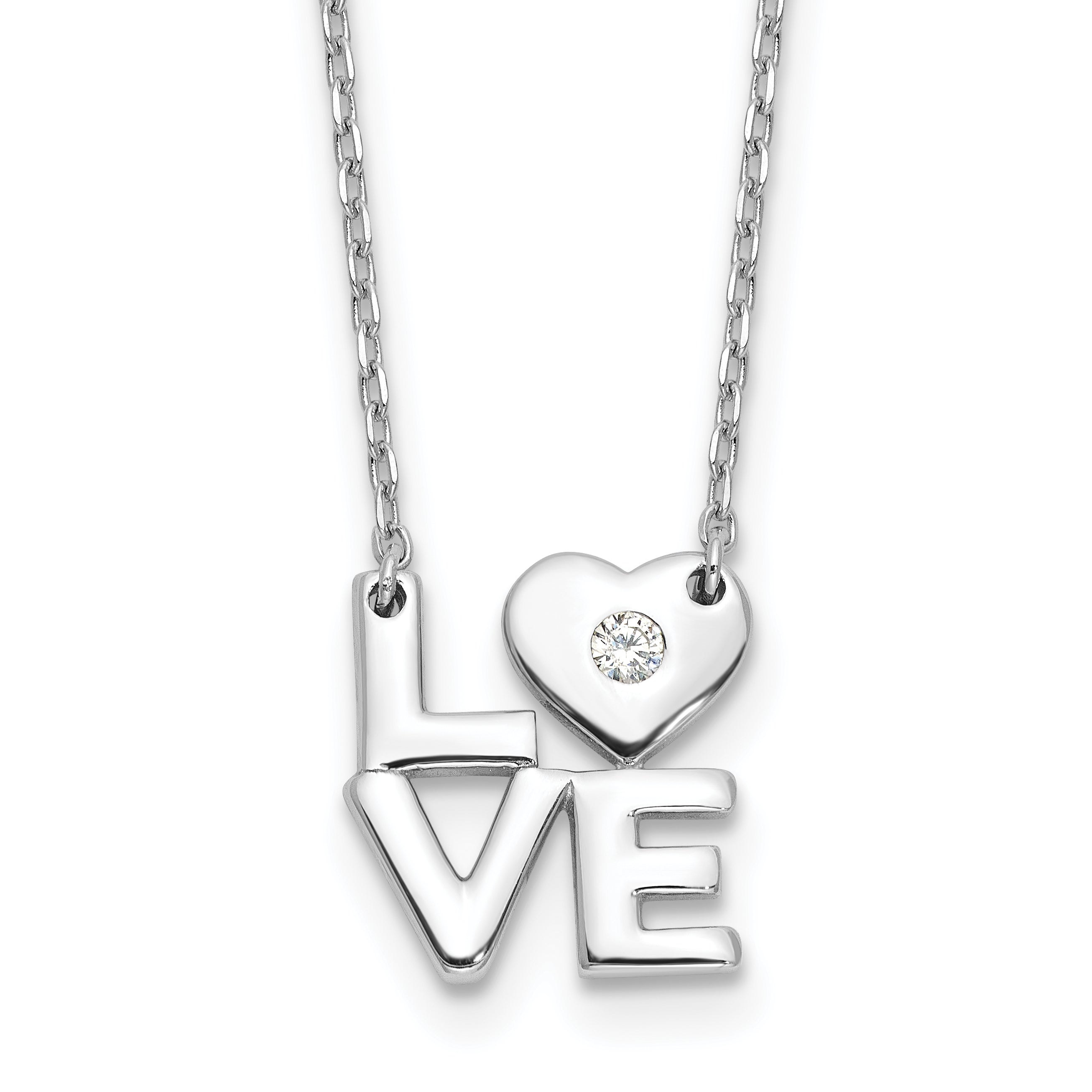 Sterling Silver Rhodium-Rhodium-Plated CZ LOVE 16in With 2 Inch Extention. Necklace