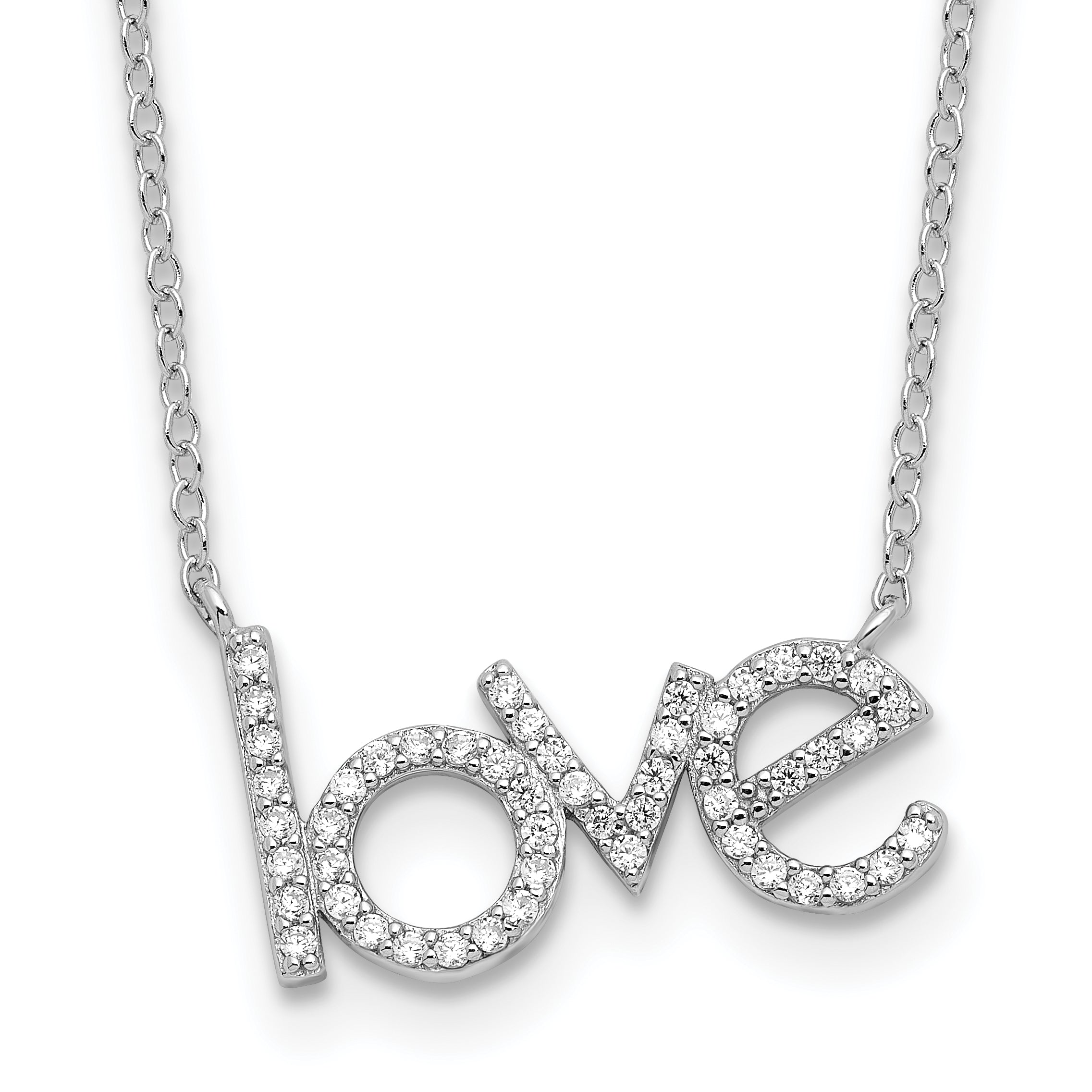 Sterling Silver Rhodium-Rhodium-Plated CZ LOVE 16in w/1.75in ext Necklace