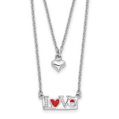 Sterling Silver Rhodium-Platedod-pltd Enamel CZ Heart Love 16in w/2 in ext Necklace