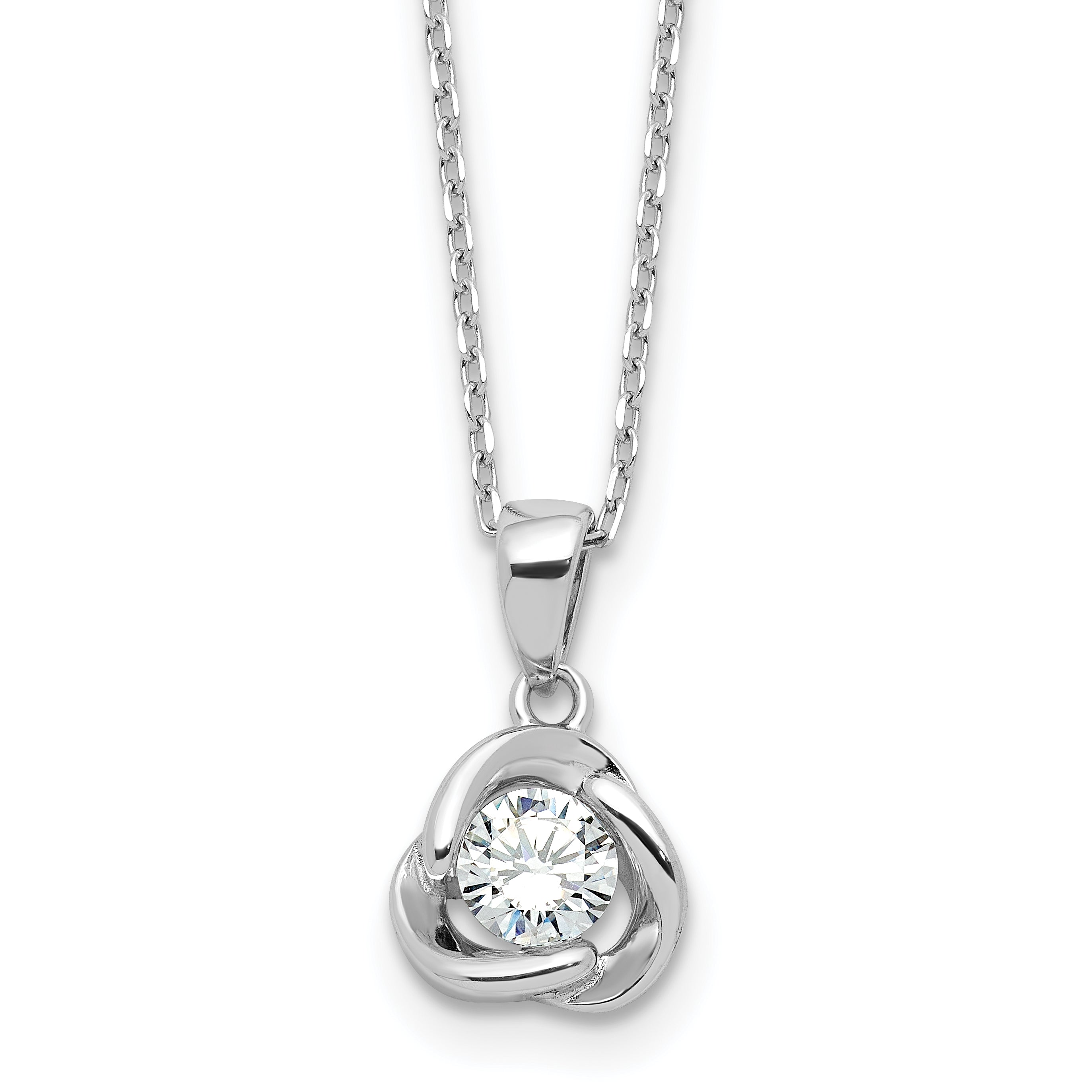 Sterling Silver Rhodium-Rhodium-Plated CZ in Love Knot 16in With 2 Inch Extention Necklace