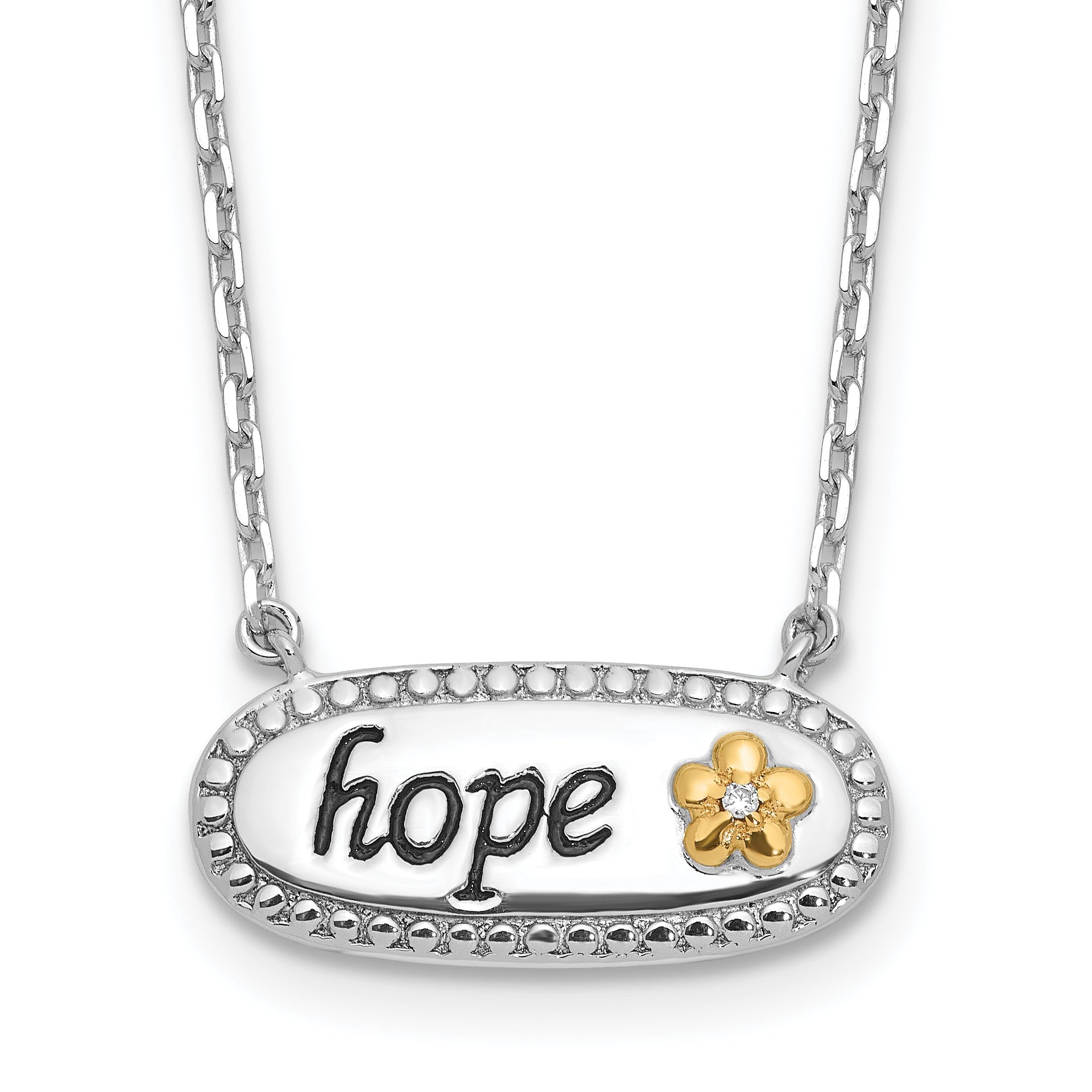 Sterling Silver w/14k accentRhodium-Rhodium-Plated CZ Enamel HOPE With 2 Inch Extention Necklace