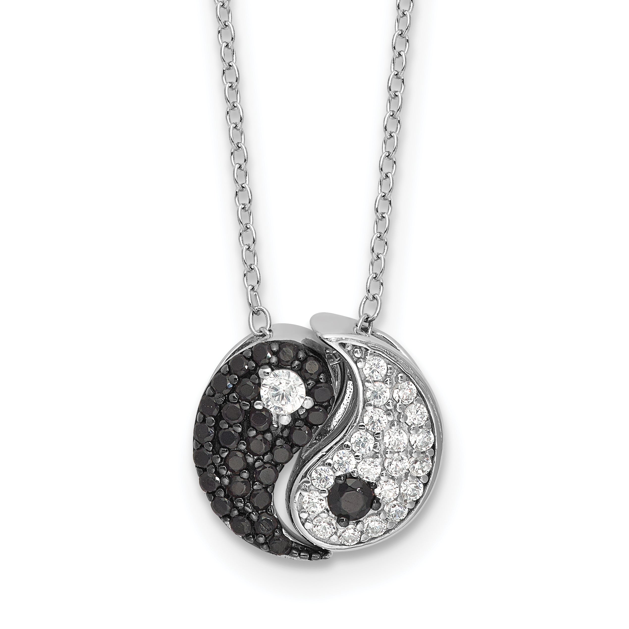 Sterling SilverRhodium-Rhodium-Plated Black/White CZ Yin Yang 16in With 2 Inch Extention. Necklace