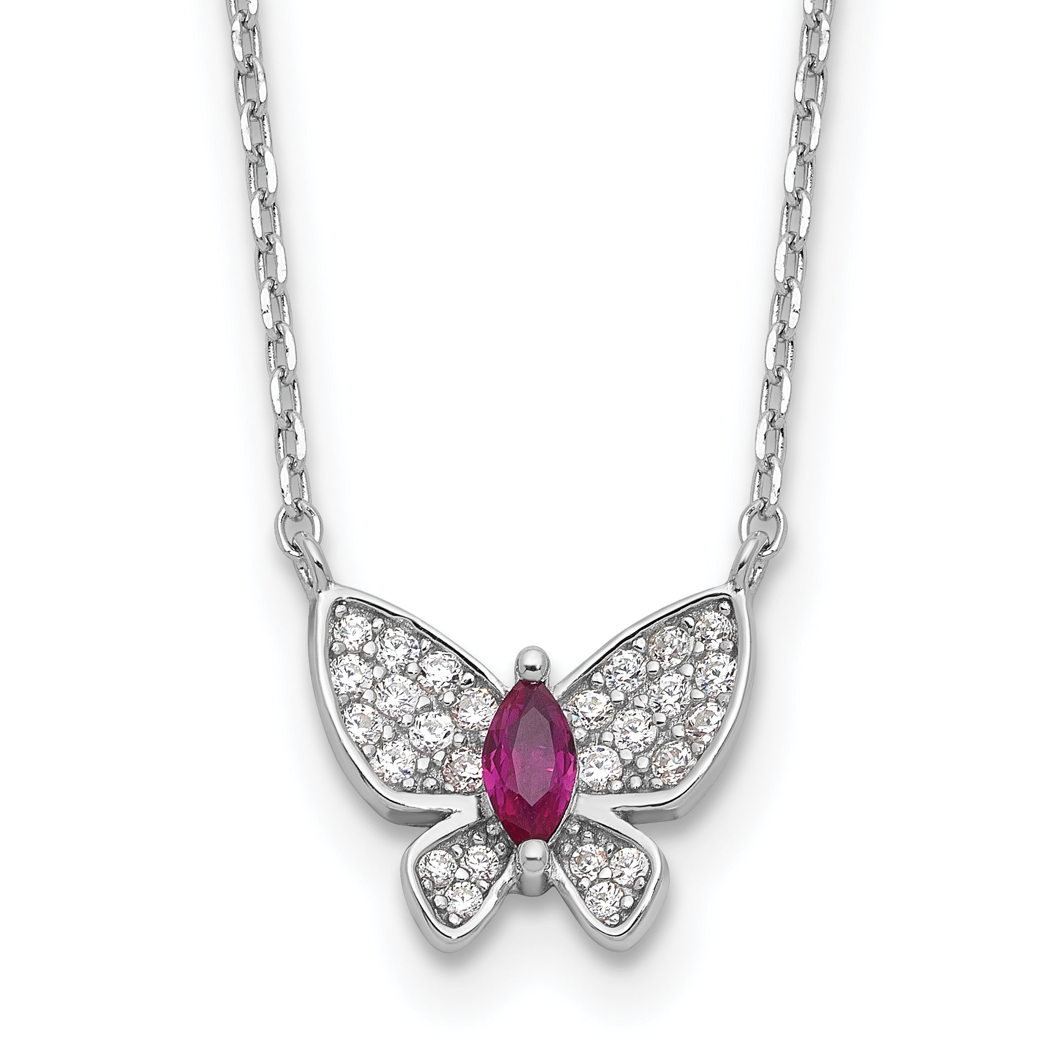Sterling Silver Rhodium-Rhodium-Plated Red White CZ Butterfly With 2 Inch Extention Necklace