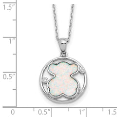 Sterling Silver RH-plated CZ Cr Opal Inlay Bear 16in With 2in ext Necklace