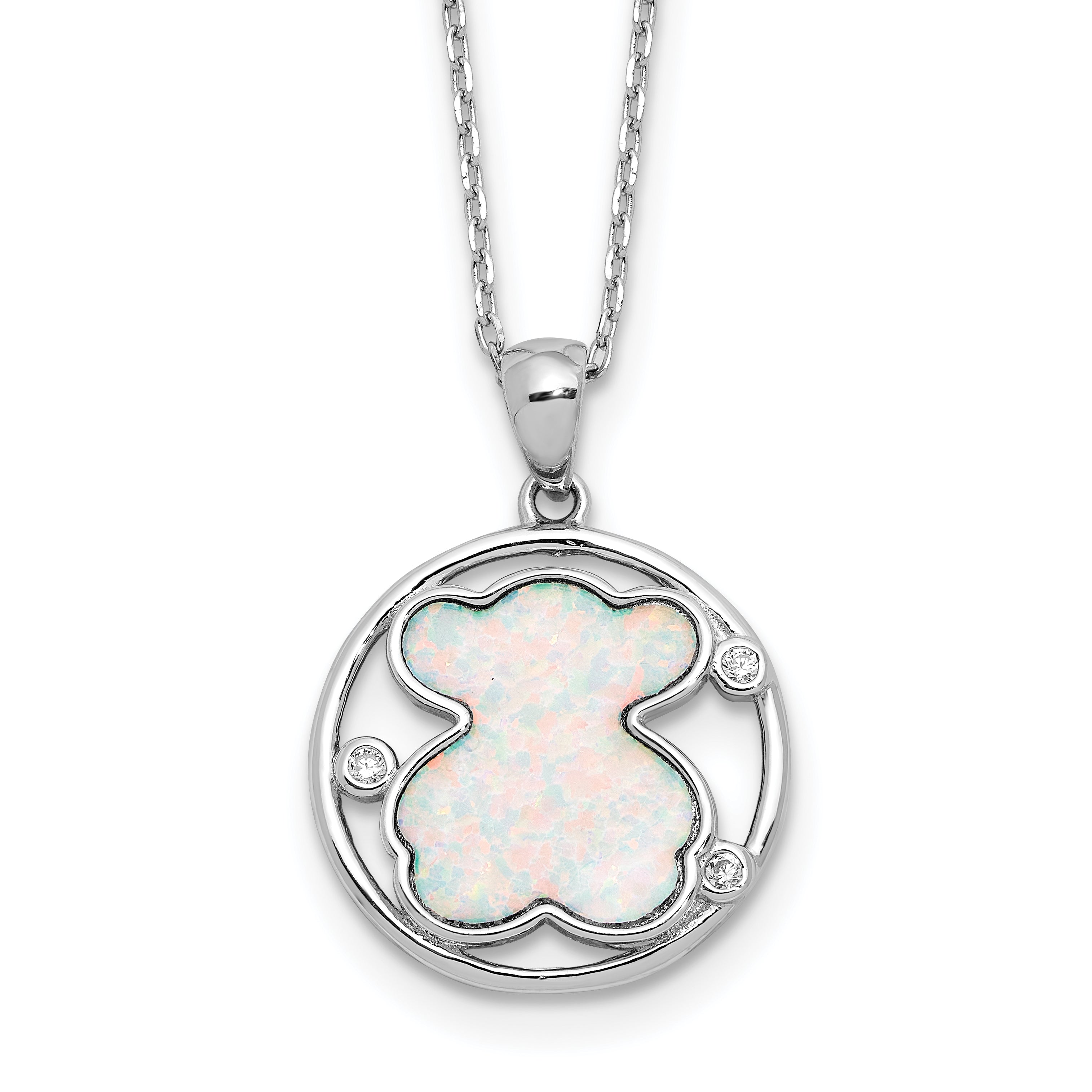 Sterling Silver RH-plated CZ Cr Opal Inlay Bear 16in With 2in ext Necklace