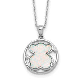 Sterling Silver RH-plated CZ Cr Opal Inlay Bear 16in With 2in ext Necklace
