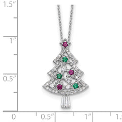Sterling Silver RH-plated Multi Color CZ Christmas Tree With 2in ext Necklace