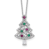 Sterling Silver RH-plated Multi Color CZ Christmas Tree With 2in ext Necklace