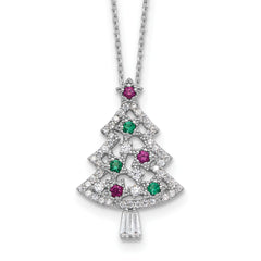 Sterling Silver RH-plated Multi Color CZ Christmas Tree With 2in ext Necklace