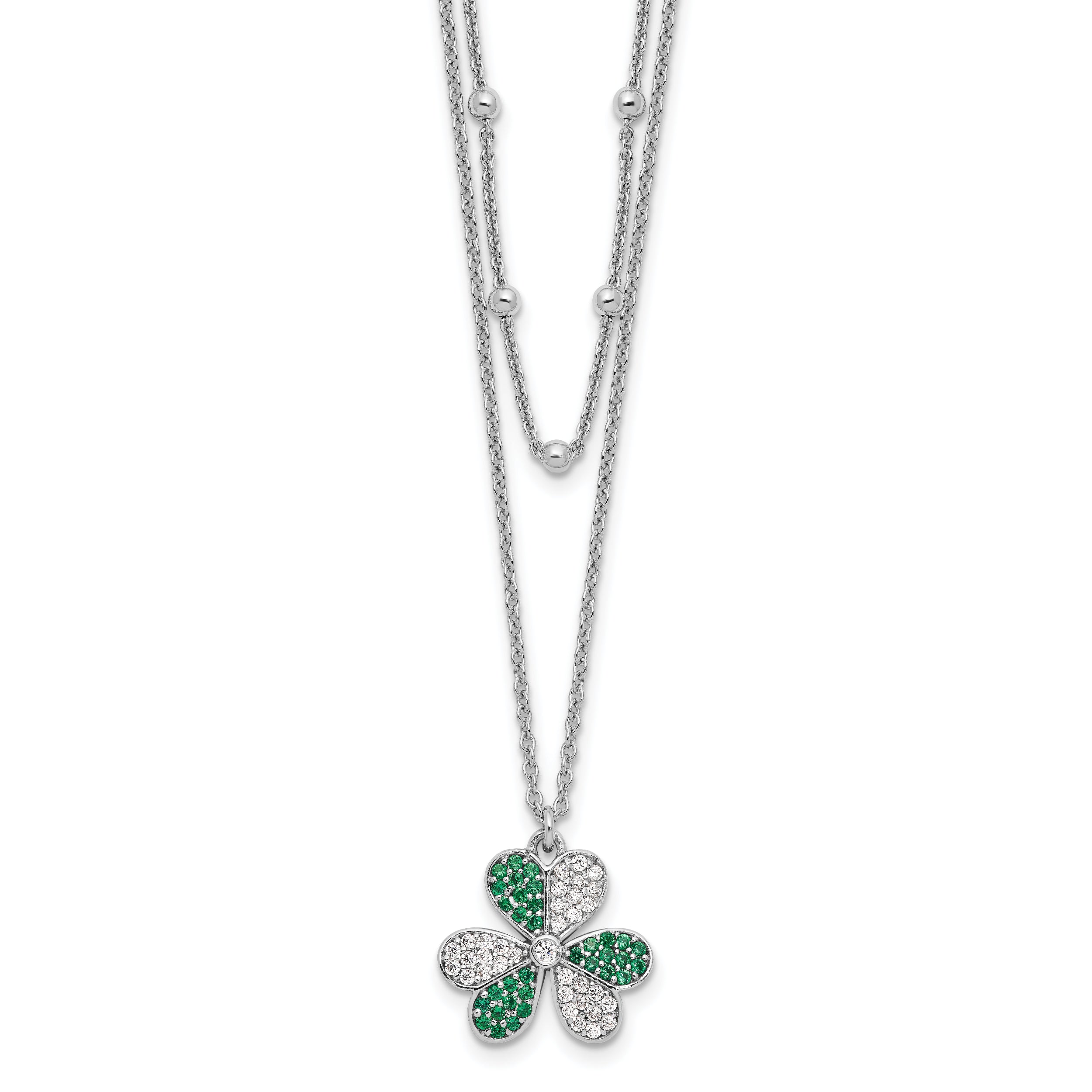 Sterling Silver Rhodium-Platedod-pltd CZ/Crystal Clover Beaded 16in w/2 in ext Necklace