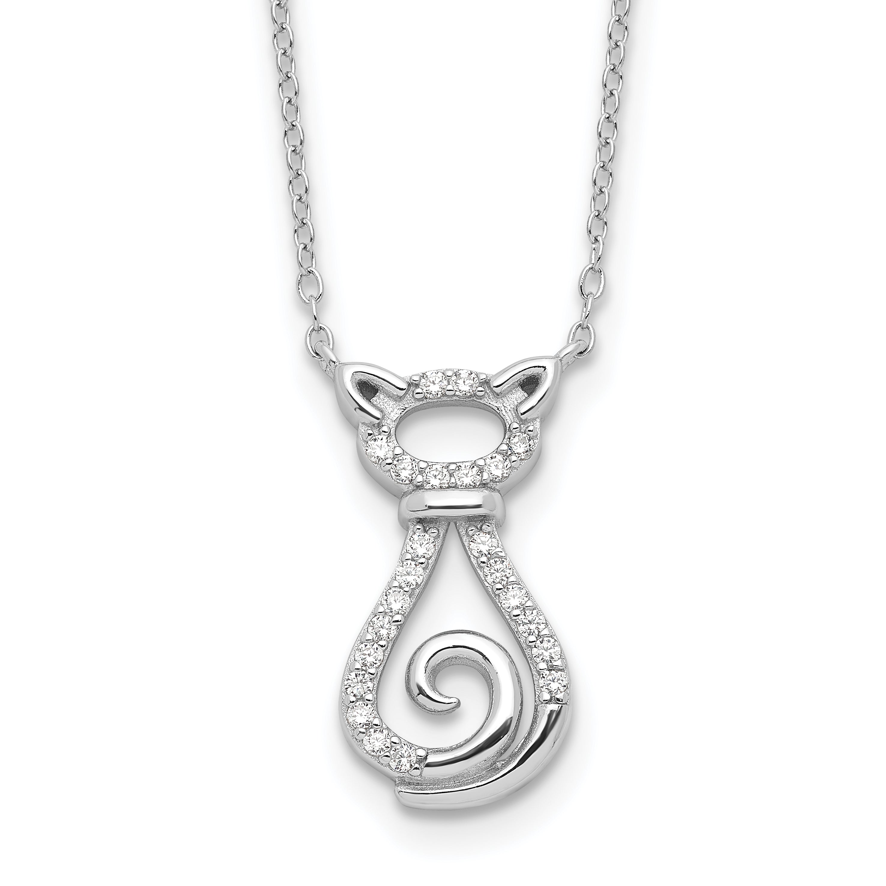 Sterling Silver Rhodium-Rhodium-Plated CZ Cat With 2 Inch Extention Necklace