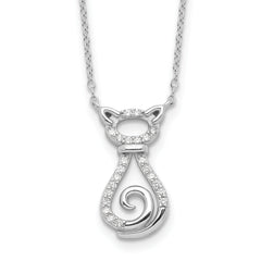 Sterling Silver Rhodium-Rhodium-Plated CZ Cat With 2 Inch Extention Necklace