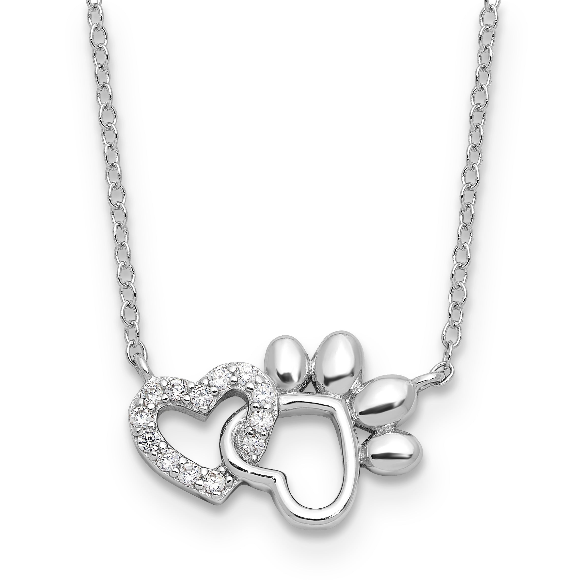 Sterling SilverRhodium-Rhodium-Plated CZ Heart and Pawprint 16in With 2 Inch Extention Necklace