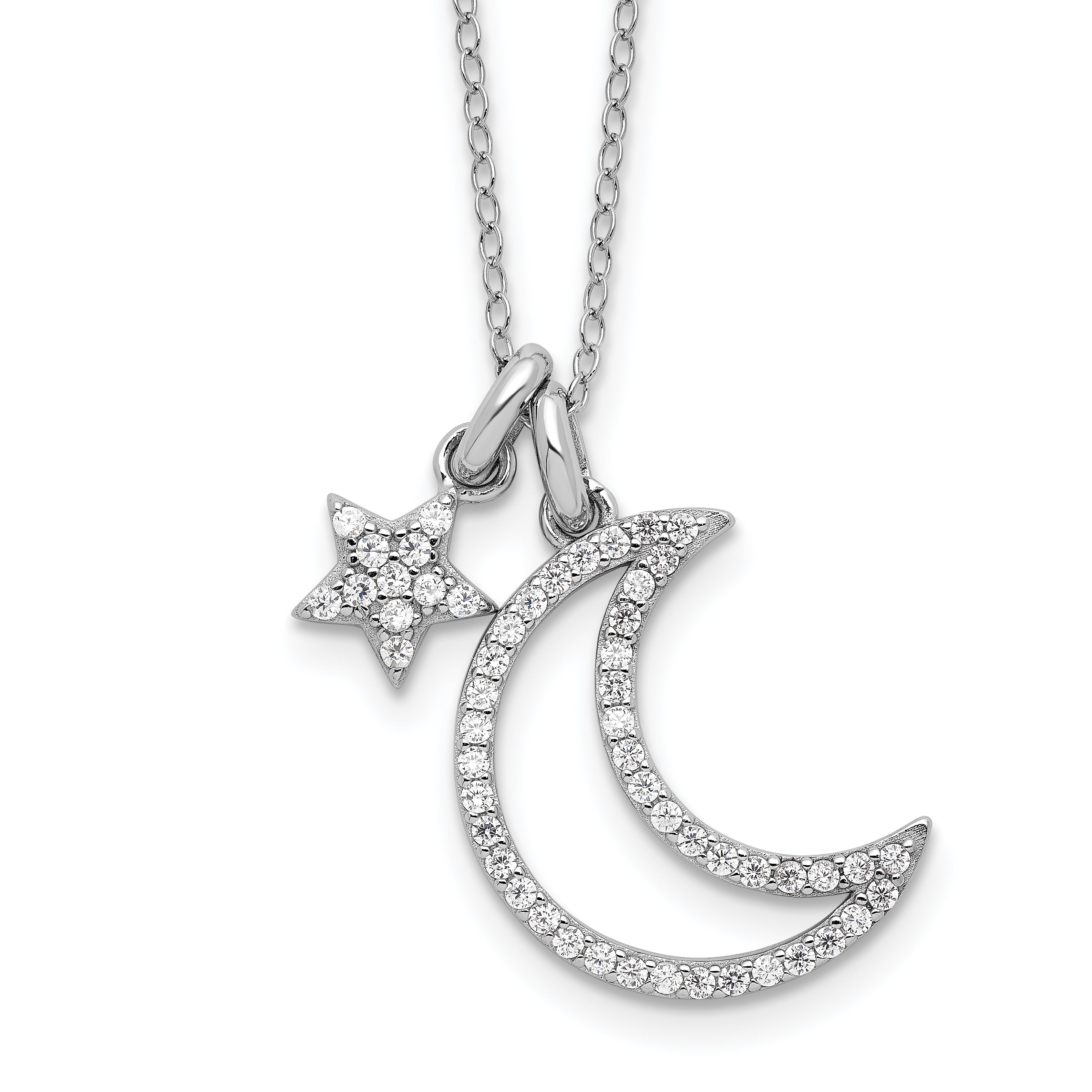 Sterling Silver Rhodium-Platedod-plated CZ Moon/Star With 2 Inch Extention Necklace