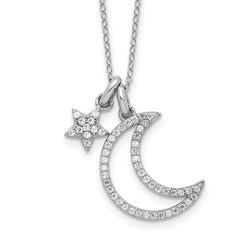 Sterling Silver Rhodium-Platedod-plated CZ Moon/Star With 2 Inch Extention Necklace