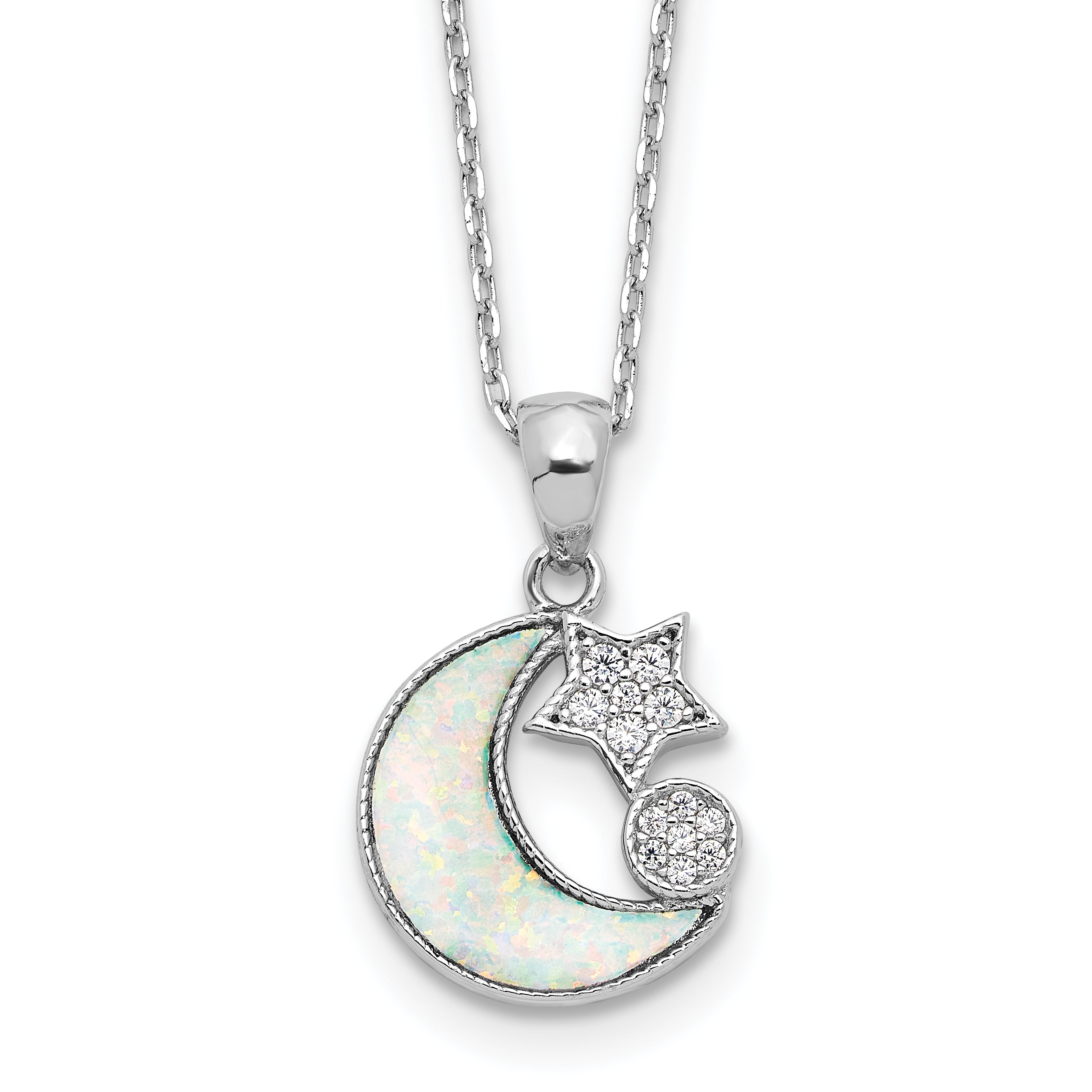 Sterling SilverRhodium-Rhodium-Plated CZ Created Opal Inlay Moon With 2 Inch Extention Necklace