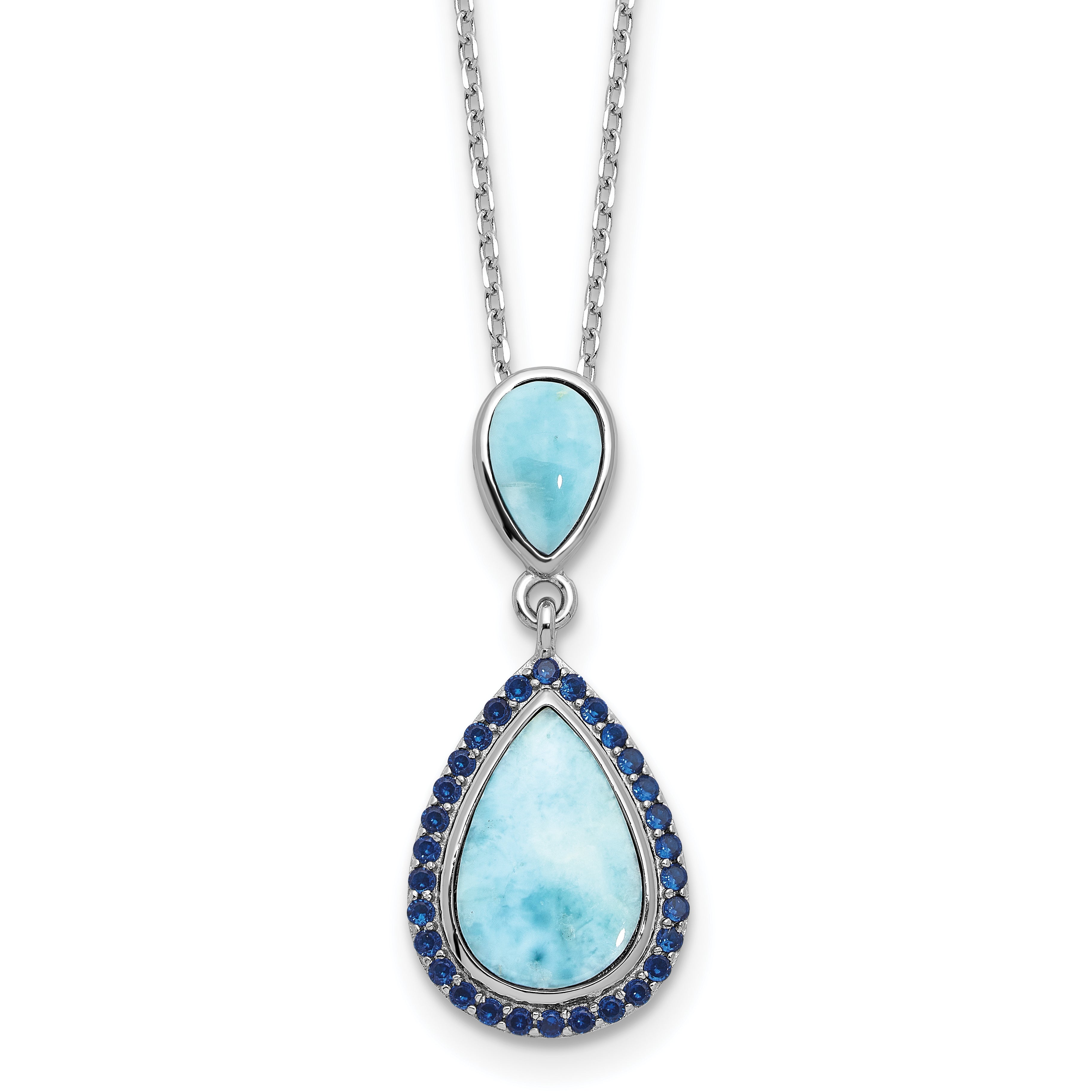 Sterling SilverRhodium-Rhodium-Plated Blue CZ and Larimar 16in With 2 Inch Extention Necklace