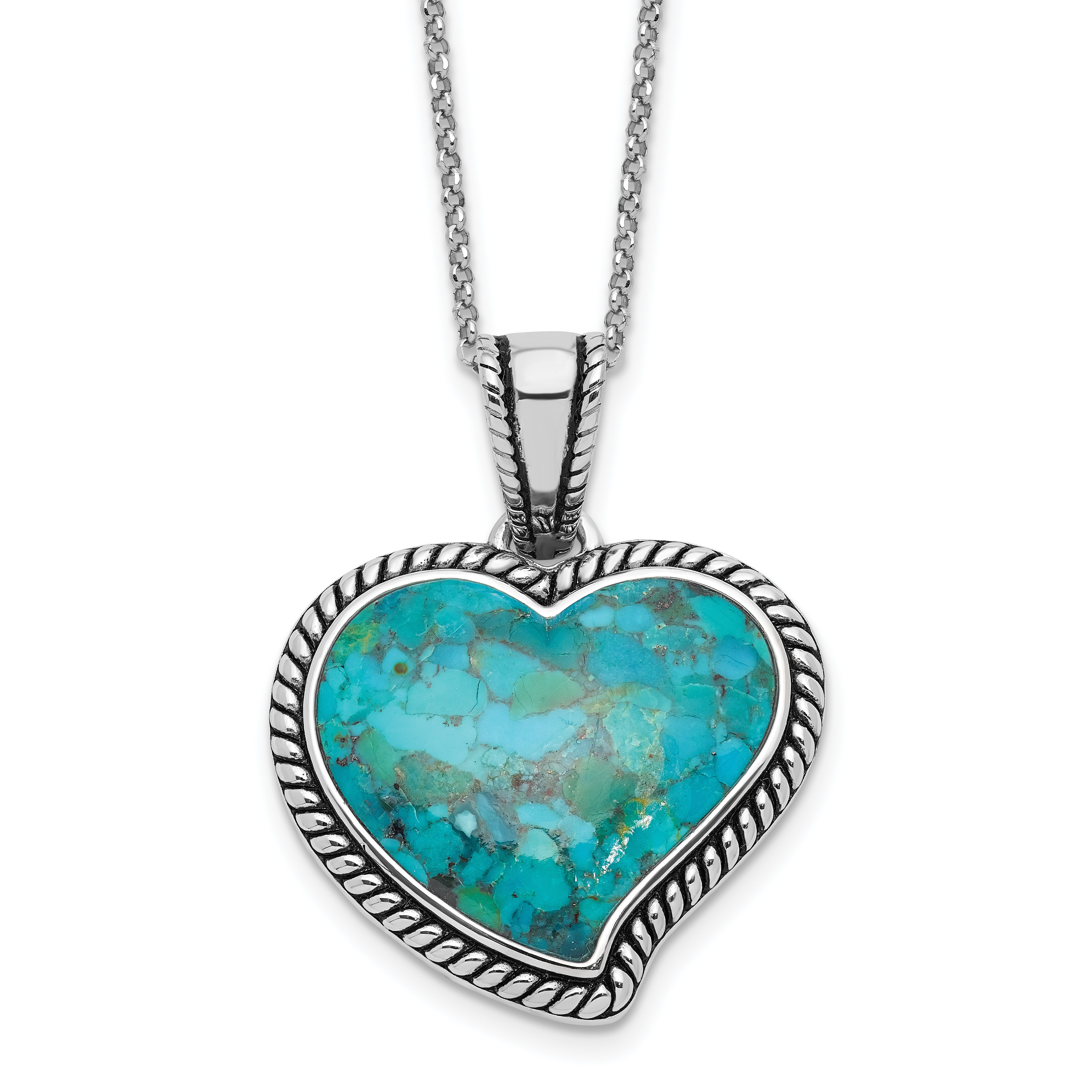 Sterling Silver Rhodium-Plated-pl Oxidized Compressed Turquoise w/1.75in ext Necklace