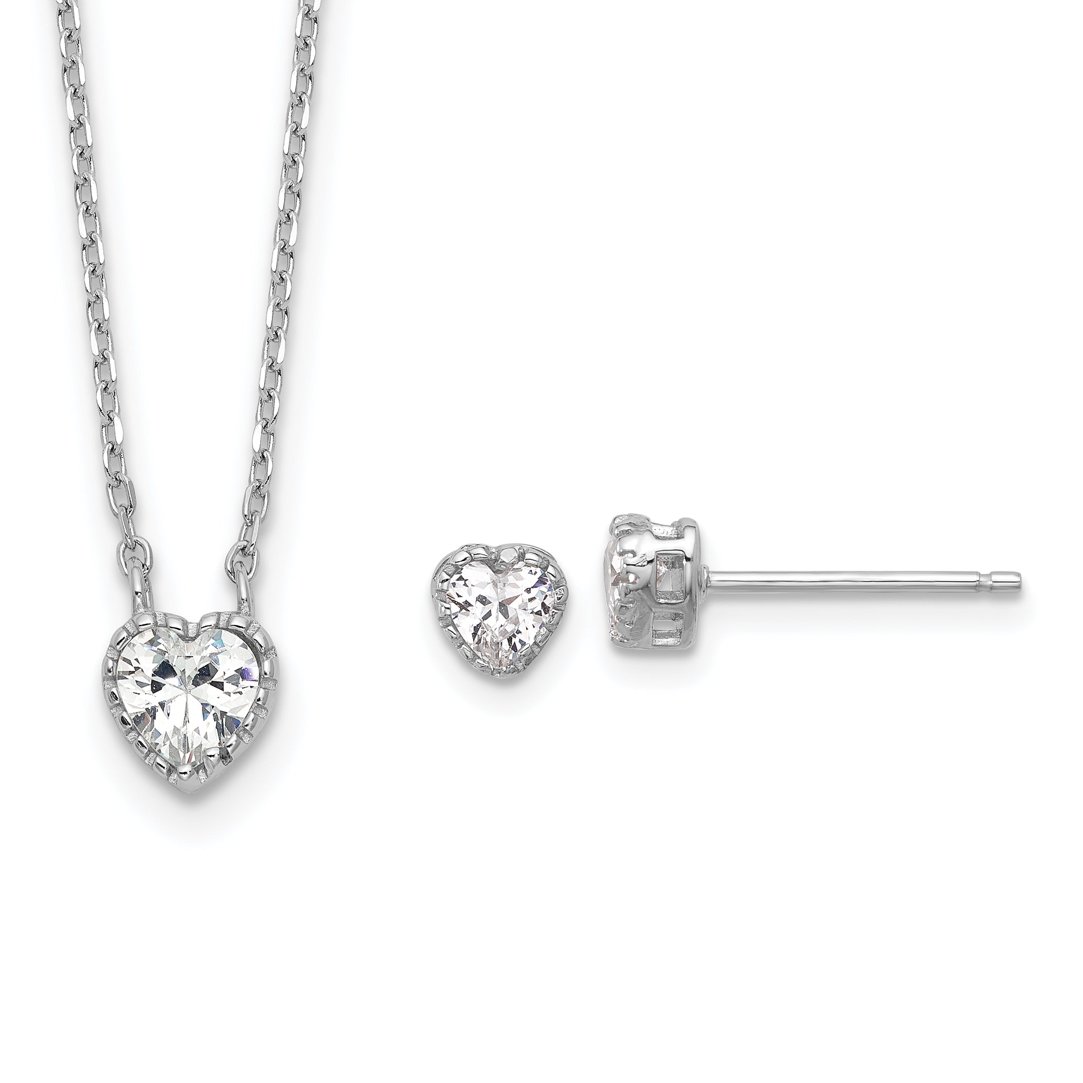 Sterling Silver Rhodium-plated Polished CZ Heart Children's 13in w/2in Ext. Necklace & Stud Earring Set
