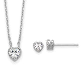 Sterling Silver Rhodium-plated Polished CZ Heart Children's 13in w/2in Ext. Necklace & Stud Earring Set