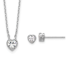 Sterling Silver Rhodium-plated Polished CZ Heart Children's 13in w/2in Ext. Necklace & Stud Earring Set