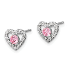 Sterling Silver Rhodium-plated Polished Pink & White CZ Heart Children's 10in w/2in Ext. Necklace & Post Earring Set