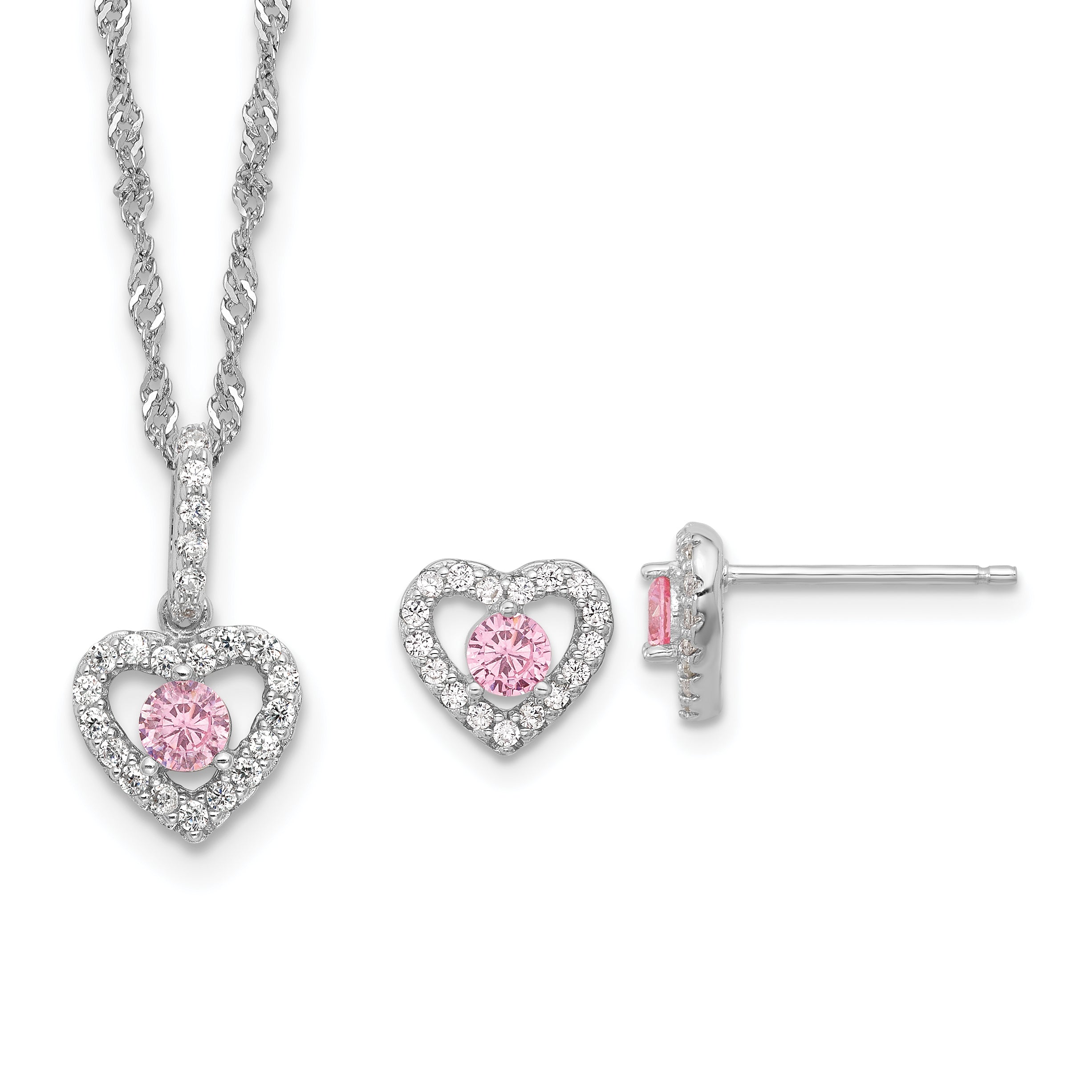 Sterling Silver Rhodium-plated Polished Pink & White CZ Heart Children's 10in w/2in Ext. Necklace & Post Earring Set