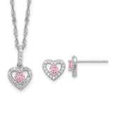 Sterling Silver Rhodium-plated Polished Pink & White CZ Heart Children's 10in w/2in Ext. Necklace & Post Earring Set