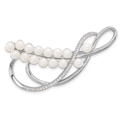 Sterling Silver Rhodium-plated 4-5mm White Round Freshwater Cultured Pearl and CZ Pin