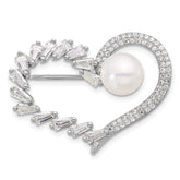 Sterling Silver Rhodium-plated 8-9mm White Button Freshwater Cultured Pearl and CZ Heart Pin