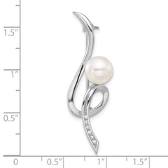 Sterling Silver Rhodium-plated 8-9mm White Button Freshwater Cultured Pearl and CZ Swirl Pin