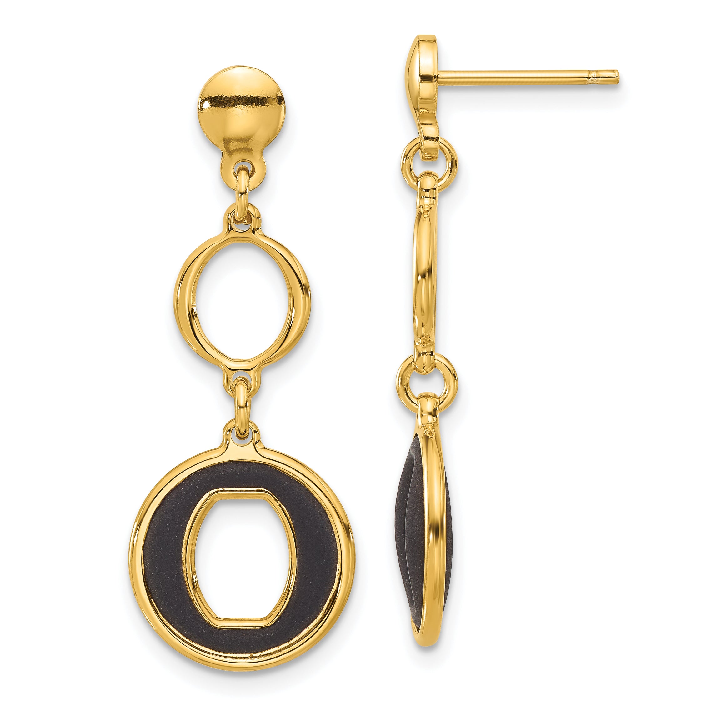 Sterling Silver Gold-plated Polished Black Circle Post Dangle Earrings