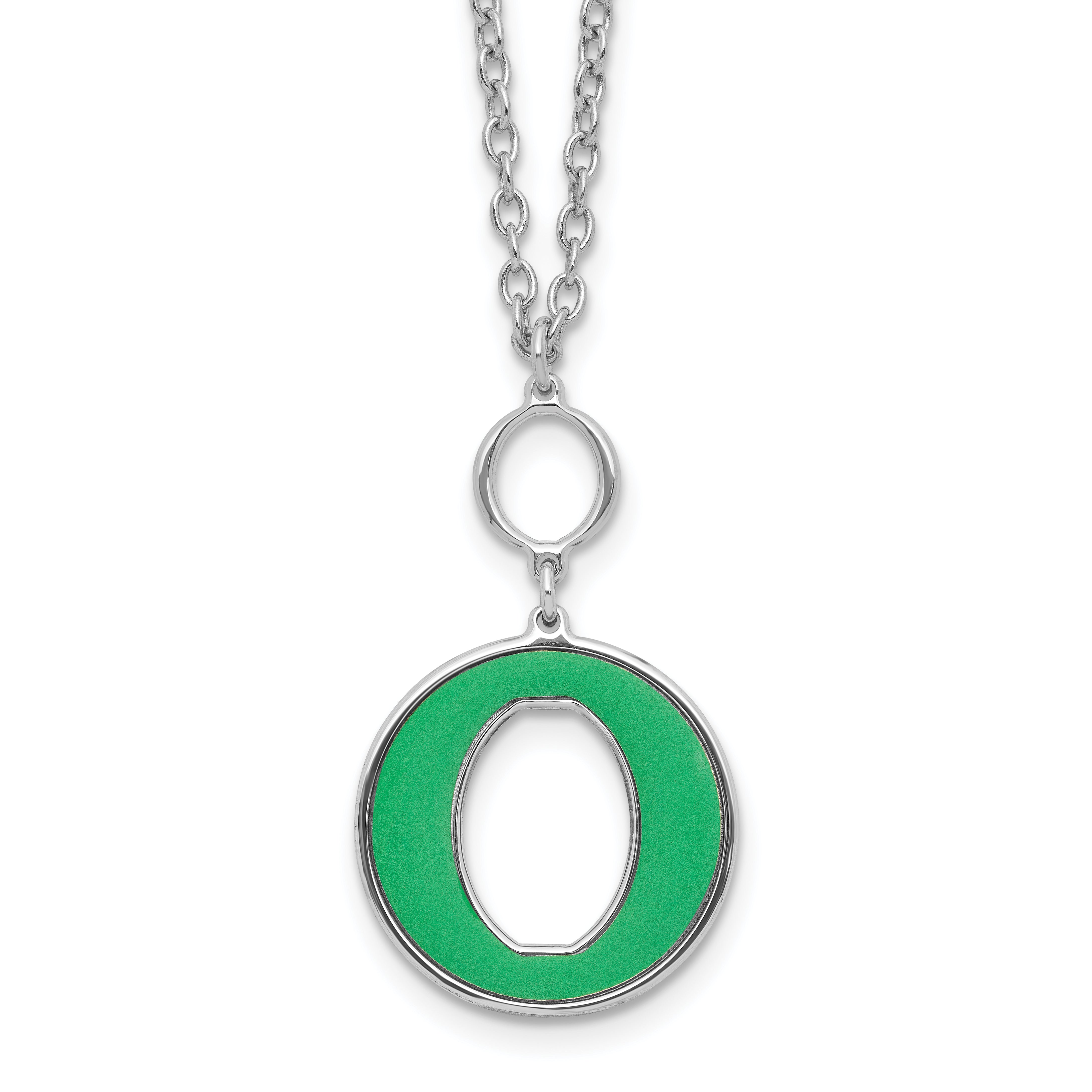 Sterling Silver Rhodium-Rhodium-Plated 18in With 2 Inch Extention Green Enamel Circle Necklace