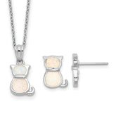 Sterling Silver RH-pl Cr.Opal Cat 16in Necklace w/1.75 ext/Earring Set