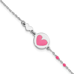 Sterling Silver Polished Pink Enamel Heart Children's 6in Bracelet