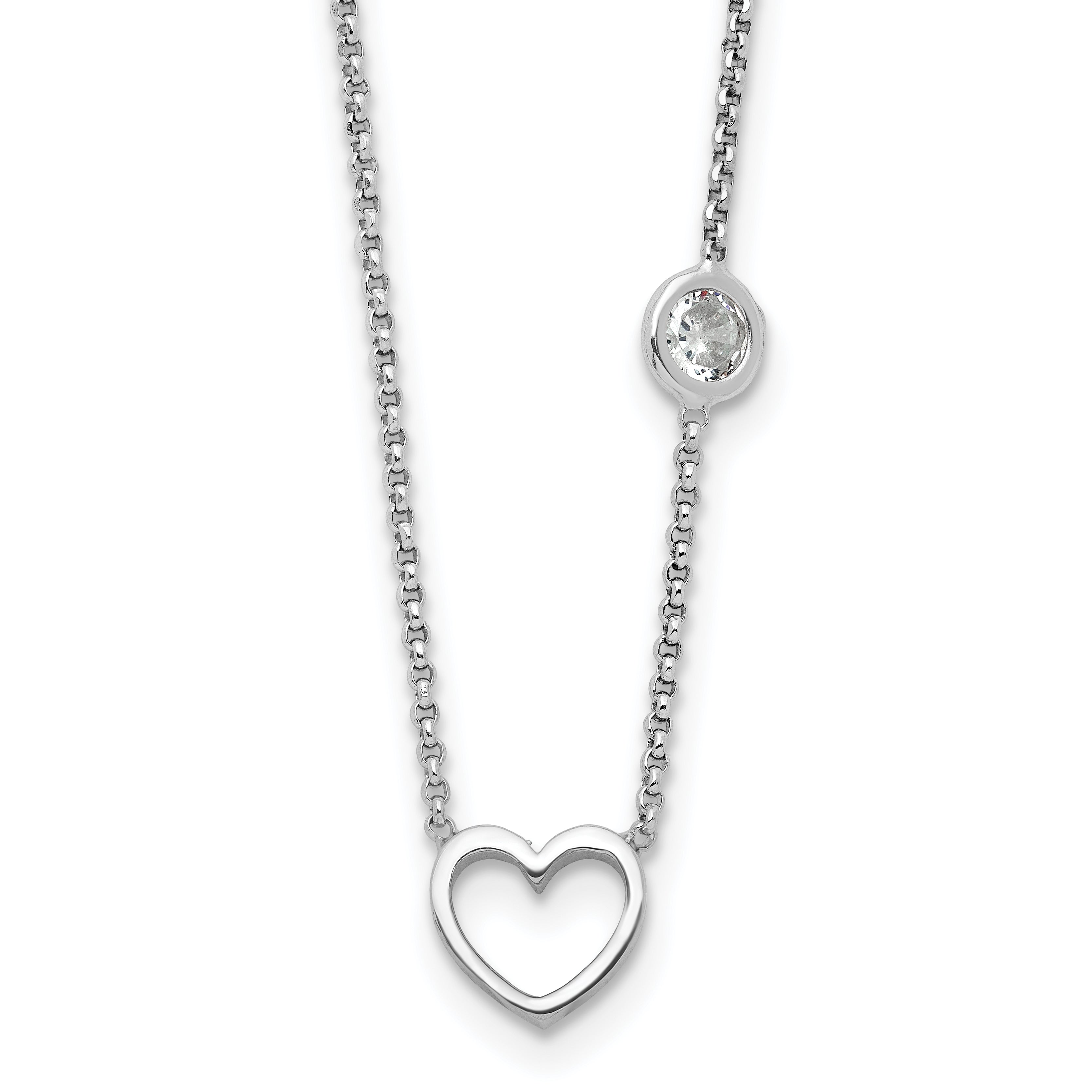 Sterling Silver Rhodium-Rhodium-Plated CZ & Heart w/ 2in Ext. Children's Necklace
