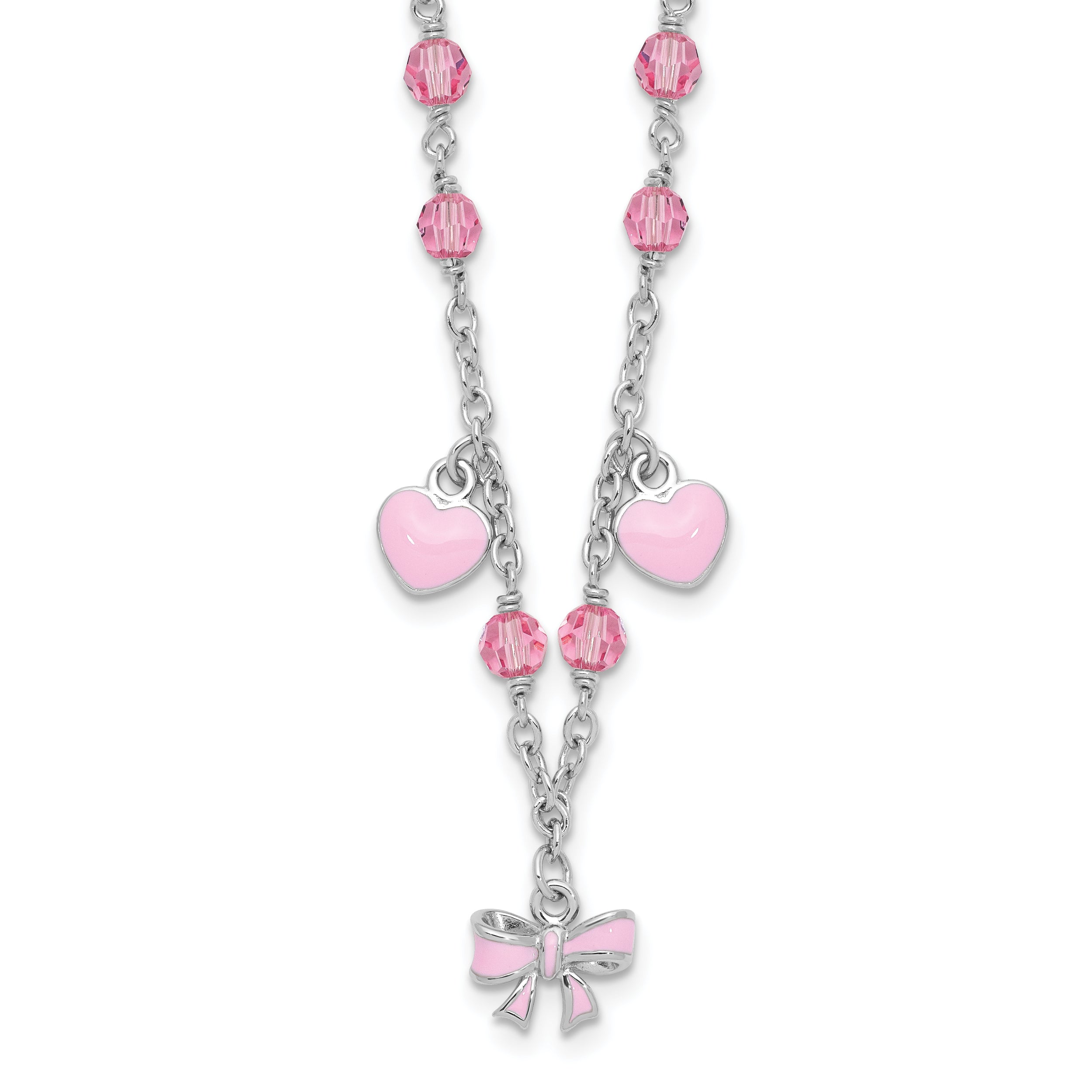Sterling Silver Rhodium-Rhodium-Plated Polished Pink Enamel & Crystal Hearts & Bow w/ 1 inch Extension Children's Necklace