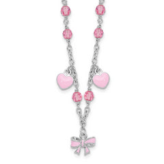 Sterling Silver Rhodium-Rhodium-Plated Polished Pink Enamel & Crystal Hearts & Bow w/ 1 inch Extension Children's Necklace